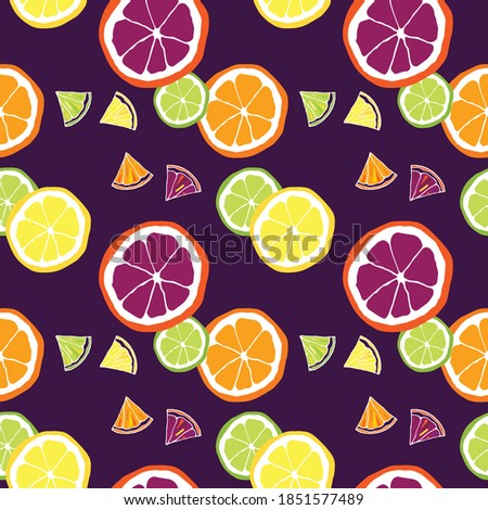 Seamless pattern with slice of lime, lemon, orange and 
grapefruit. Design for cosmetics, spa, health care products and perfume. Best for textile, wrapping paper, post cards and farmers market.