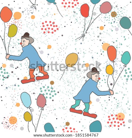 Hand Drawn Seamless Pattern with clown and balloons.Great for wedding cards, postcards, t-shirts, bridal invitations, brochures, posters, gift wrapping, wall art, wallpapers, etc.Vector Illustration.