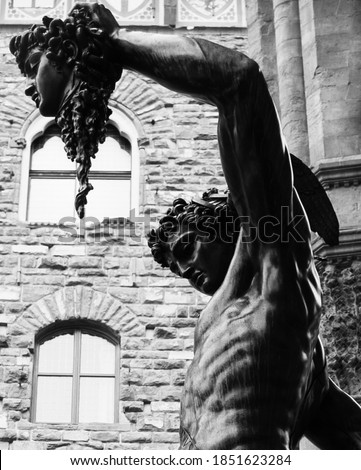 Detail of the sculpture of Perseus with the head of Medusa. Located in the square of the lordship, Florence.