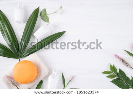 Organic natural product for skin care (handmade soap and lotion) on white background, Top view