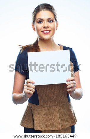 Woman hold sign board. Isolated portrait.