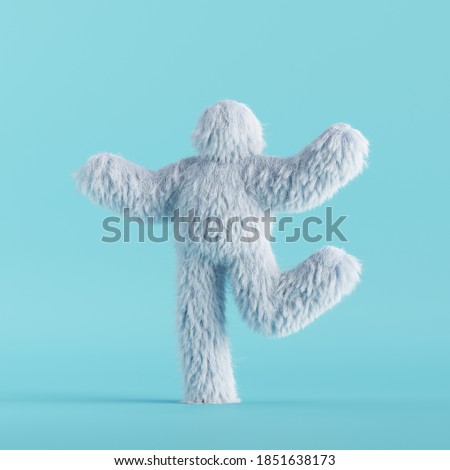 3d render, white hairy yeti coquette dancing. Furry bigfoot cartoon character, funny monster isolated on mint blue background, active pose