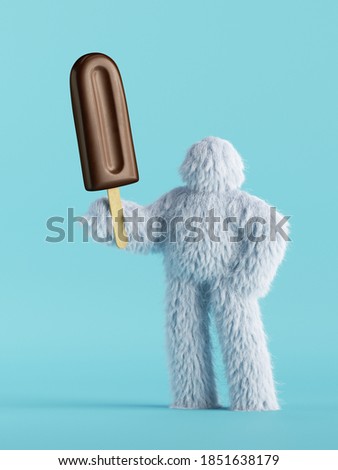 3d render, white hairy yeti, furry bigfoot toy holds chocolate eskimo ice-cream. Food clip art isolated on light blue background