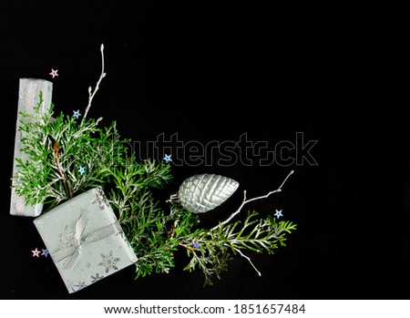 beautiful bright christmas and new year composition on black background, greeting card. Flat lay, copy space, top view