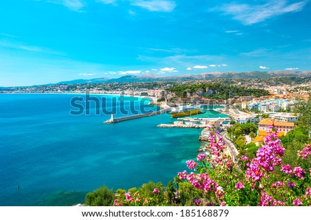Nice city, french riviera, France. Turquoise mediterranean sea and perfect blue sky Royalty-Free Stock Photo #185168879