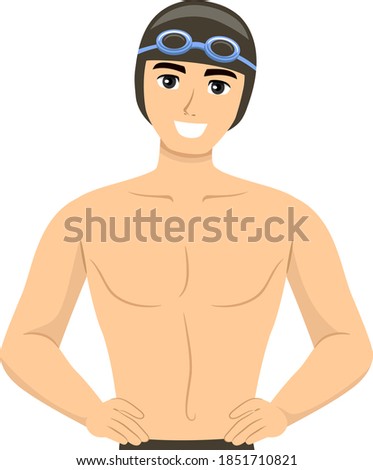 Illustration of a Teenage Guy Wearing Swim Trunks, Cap and Goggles