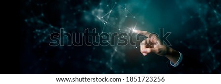 Hand finger click on digital technology cyber space, futuristic smart digital solution internet of thing wireless connecting.