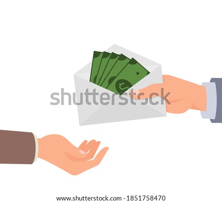 Bribe, corruption. The hand gives an envelope with money to the other hand. Vector illustration, flat cartoon color minimal design isolated on white background, eps 10.
