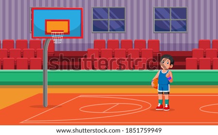 The illustration of basket ball player holding the basket ball in the basket ball hall