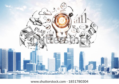 Business sketch with target light bulb on panoramic city background. Success and startup concept. 3D Rendering