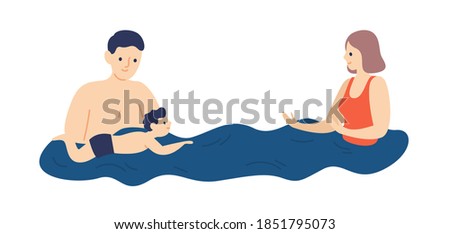 Parents teaching child to swim. Family on vacation. Mother and father spend time with kid in swimming pool. Scene of parenting and active lifestyle. Vector illustration in flat cartoon style