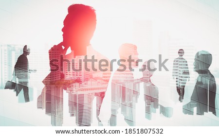 Abstract image of many business people together in group on background of city view with office building showing partnership success of business deal. Concept of employee teamwork, trust and agreement