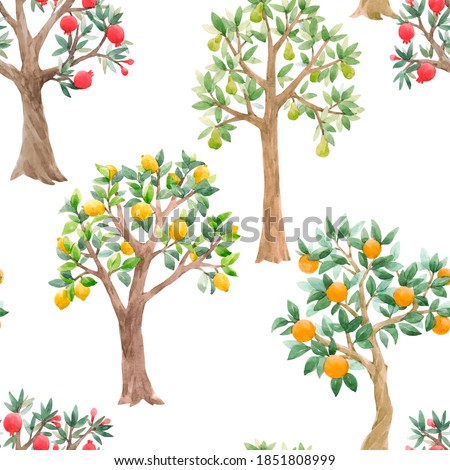 Beautiful seamless pattern with cute watercolor fruit trees. Stock orchard illustration.