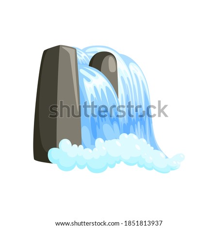 Waterfall cascade in splashing down with foam. Isometric cascade of water in rocky scene isolated in white background. Vector illustration in cartoon style