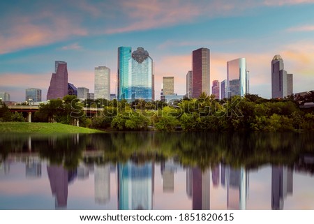 Houston city downtown skyline cityscape of Texas USA at sunset