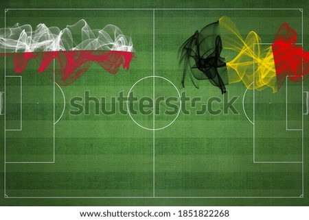 Poland vs Belgium Soccer Match, national colors, national flags, soccer field, football game, Competition concept, Copy space