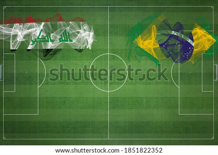 Iraq vs Brazil Soccer Match, national colors, national flags, soccer field, football game, Competition concept, Copy space