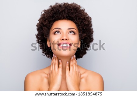 Close-up portrait of her she nice attractive cheerful wavy-haired girl touching neck hormones positive balance clean clear silky skin looking up isolated on light white gray color pastel background