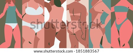 mix race women of different height figure type and size standing together love your body concept girls in swimsuits closeup portrait horizontal vector illustration