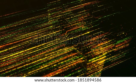 Golden, green, and red particles flying into the same direction on black background, seamless loop. Animation. Beautiful bright rays shining in outer space.