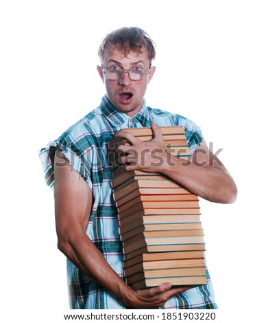 The man with a book. Funny photo. Fun. Male books. 
