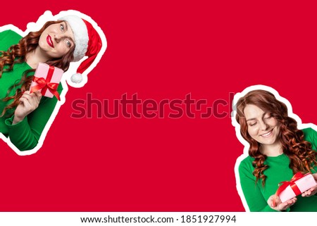Web banner with cute girls in santa hat and gifts on red background with place for text