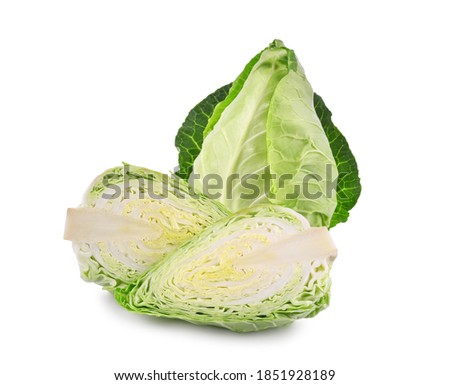 Whole and half green pointed cabbage isolated on white background. Royalty-Free Stock Photo #1851928189