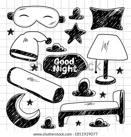 Set of good night vector graphics in hand drawn style. design elements. Suitable for wallpaper, posters, banners, magazines, etc.