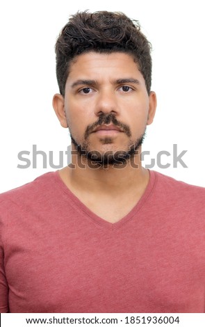 Passport photo of latin american man with beard on isolated white background for cut out