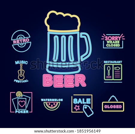 beer mug and neon signs icon set over purple background, vector illustration