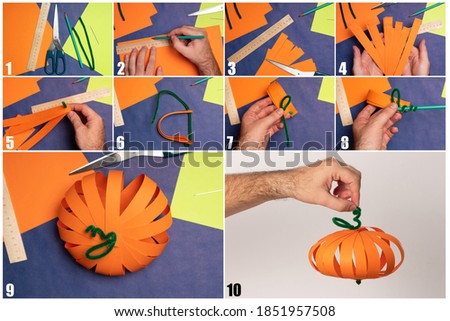 Craft for Thanksgiving paper pumpkin. Children's art project. DIY concept. Step by step photo instruction.
