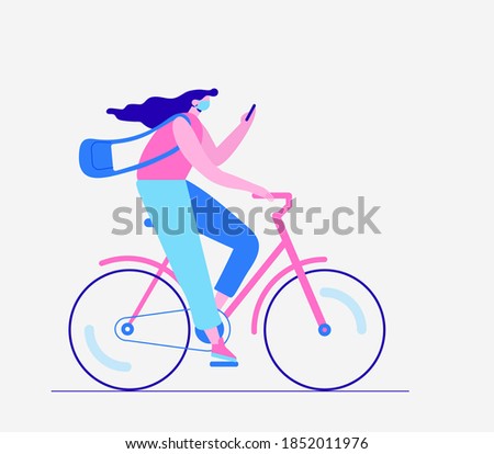 Young girl riding bike wearing medical mask to protect herself from coronavirus. COVID-19 pandemic concept. Flat vector illustration