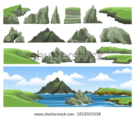 Mountains, rocks, cliffs, stones and blue sky with clouds. Set of sea landscape elements. Colorful panoramic irish scenery. Ocean scenic view. Flat vector illustration. Royalty-Free Stock Photo #1852025038