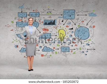business and advertisement concept - smiling businesswoman showing big plan on concrete wall