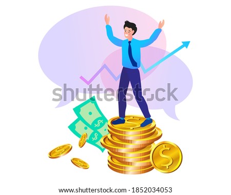 Concept of money and business growth vector illustration design. Business man happy to chart money.
