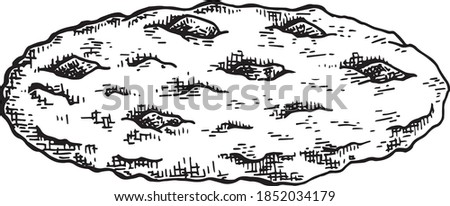 Hand drawn black and white crosshatch vector illustration of a chocolate chip cookie. No background. Royalty-Free Stock Photo #1852034179