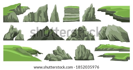 Set of rocks, hills, cliffs, mountains peaks and stones isolated on white background. Rocky landscape elements. Collection of cartoon vector illustrations. Royalty-Free Stock Photo #1852035976
