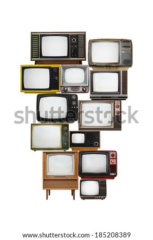 isolated image of many vintage televisions with empty screen glass for text or graphic