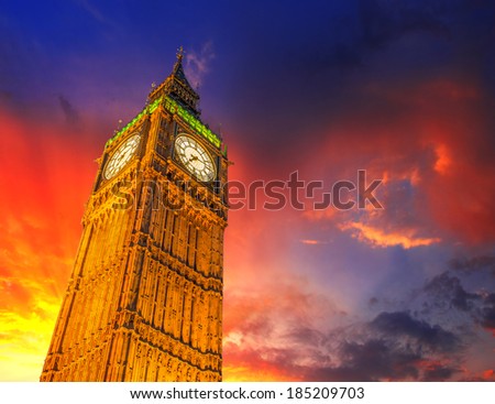 London, Wonderful upward view of Big Ben Tower and Clock at sunset.