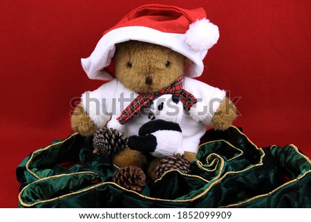 Teddy Bear with Santa Red Hat , Panda Plush Doll , Pine Cone , Green velvet ribbon, Red Background
