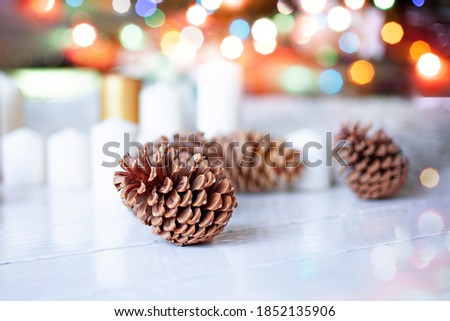 A pine cone on a white wooden floor