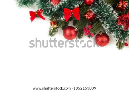 Christmas background with red decorations isolated on white background. Top view.