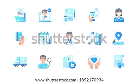 Set of flat vector icons for website, mobile app or graphic design. Medical support, online health care, health insurance, pharmacy, medical services modern elements