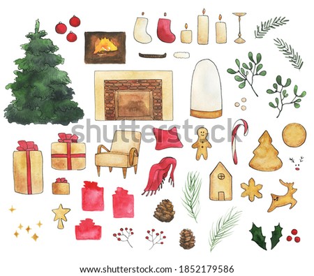 Family christmas clipart is a collection of hand-drawn watercolor and ink interior elements, Christmas decor