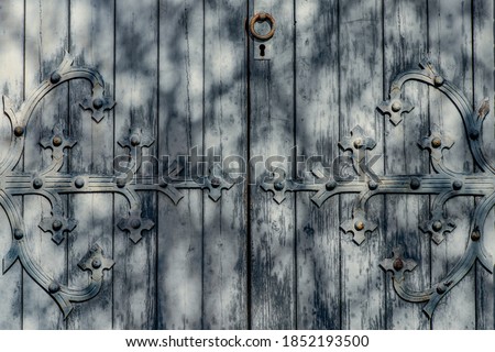 Old wooden door in gray-blue color with very ornamented door hinges, pattern of sunlight from the sun shining through branches of a tree