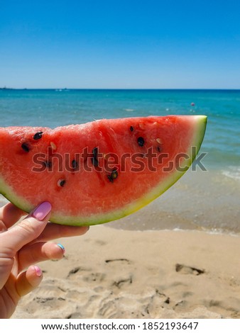 watermelon slice in hand against the sea and sky background. close-up