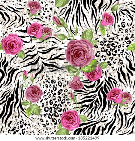 Animal skin and roses. Seamless repeating pattern
