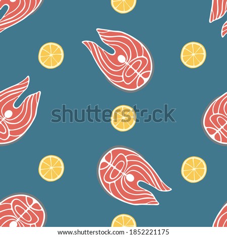 Seamless pattern salmon. Fish steak icon. Vector salmon illustration isolated on blue background. Hand drawn. Flat design.