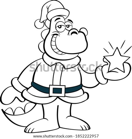 Black and white illustration of a dinosaur in a Santa Claus costume holding a star.