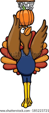 This turkey basketball player is going for a slam dunk.  This illustration features a turkey basketball player using a pumpkin as a basketball. 